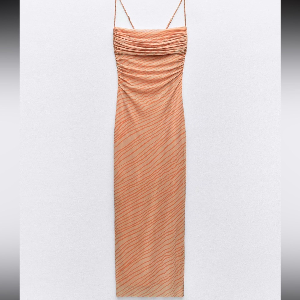 Zara Draped Printed Tulle Peach and Orange Dress